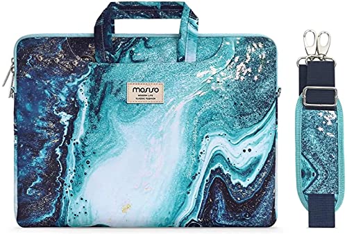 Mosiso Laptop Shoulder Bag Compatible With 17-17.3 Inch Dell Hp Acer Samsung Sony Chromebook Computer,Creative Wave Marble Briefcase Sleeve With Trolley Belt #TOP6