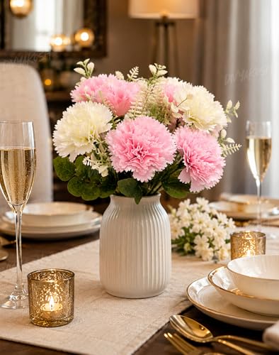 Image of Divyakosh Artificial Flowers Bunch (Vase Not Included), Pink & White Carnation Bouquet - 7 Flower Heads, Artificial Flower for Vase, Flower Bouquet Gift for Living Room,Table Office, Centerpiece