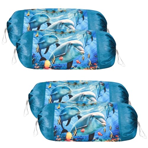 Image of Urbane Home Set of 4 Bolster /Side Pillow Cover | 16 inchx32 inch Cylindrical Masland /Masand Long Pillow Cover For Diwan Pillows | Dolphin- Blue
