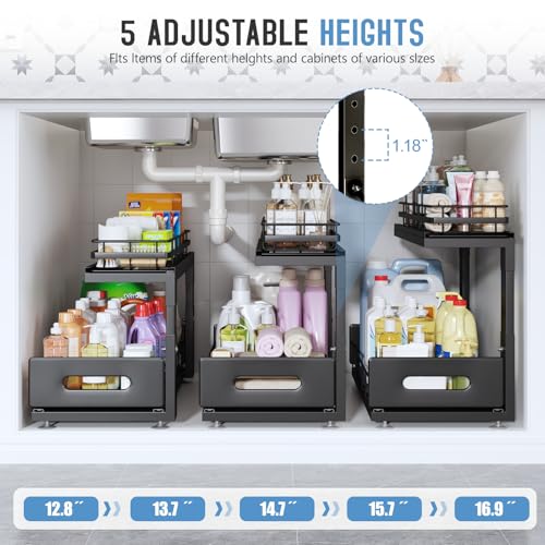 Image of Under Sink Organizer Upgrade To Professional Rails,2-Tier Dual Pull Out Cabinet Storage,Height Adjustable Slide Out Drawers For Bathroom Kitchen,2 Pack-18.5 inchDx12.8 inch-16.9 inchH,Black