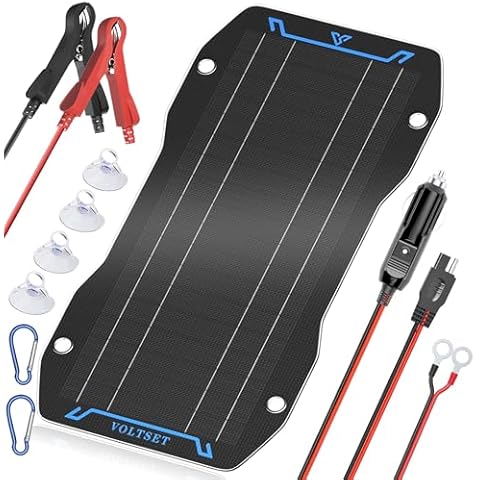 Voltset 10W 12V Solar Battery Charger Maintainer, Waterproof Solar Trickle Charger, Flexible Solar Panel with Built-in Controller for Boat RV Motorcycle Marine Cover