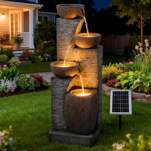 KAISOKU Solar Water Fountain Outdoor Garden, 38.2' Tall Stone Texture Modern Outdoor Fountain with 4...