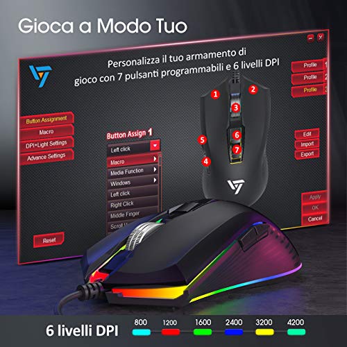 VicTsing Set Tastiera e Mouse da Gioco Ergonomici, Set Tastiera e Mouse Cablati USB, Tastiera da Gioco con Retroilluminazione Arcobaleno, Mouse con DPI Regolabile- Layout Italiano