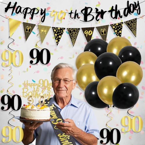 Image of 90th Birthday Decorations for Men, Black Gold 90th Party Decoration Kits | 27pcs Happy 90th Birthday Set, Banner, Honeycomb, Balloons, Gold Number, Candle, Hanging Swirls, Cake Topper, Party Supplies