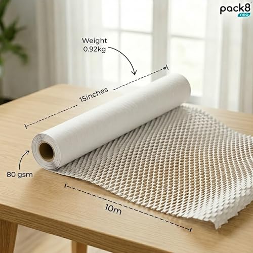 Image of Pack8 Neo Honeycomb Sustainable Paper Packaging Roll, Expandable Cushioning For Breakables, Fragile Items, Shipping, Gifts | Expandable Upto 40-50% (White, 10M X 15 inch)