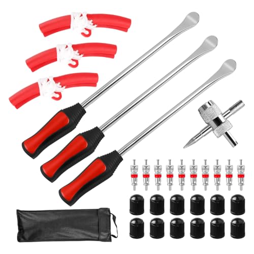 Image of Zpana 15 inch Tire Spoons Kit, Steel Motorcycle Tyre Changing Lever Tool Set with 3 Rim Protectors 12 Valve Caps 10 Cores 1 Wrench & Bag, Universal for for Dirt Bike Lawn Mower Bicycle