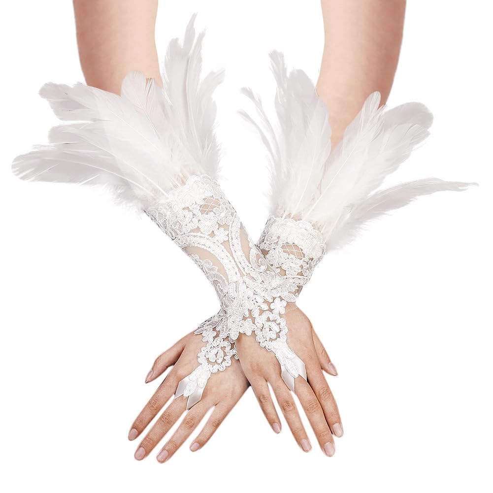 IBLUELOVER Feather Lace Womens Gloves Black Satin Wedding Halloween Costume Gloves for Evening Party Prom Dress Up