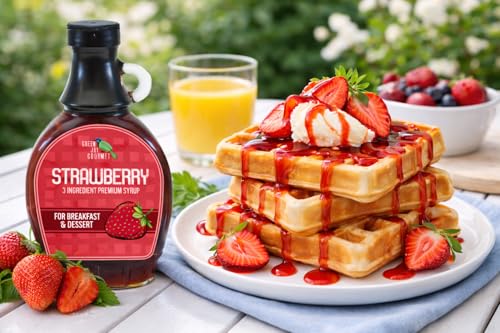 Image of Green Jay Gourmet Strawberry Syrup - 3 Ingredient Non GMO Fruit Syrup - 8oz | Non GMO & Preservative Free, Perfect for Breakfast, Pancakes, Waffles, French Toast, Coffee, Drinks & Desserts