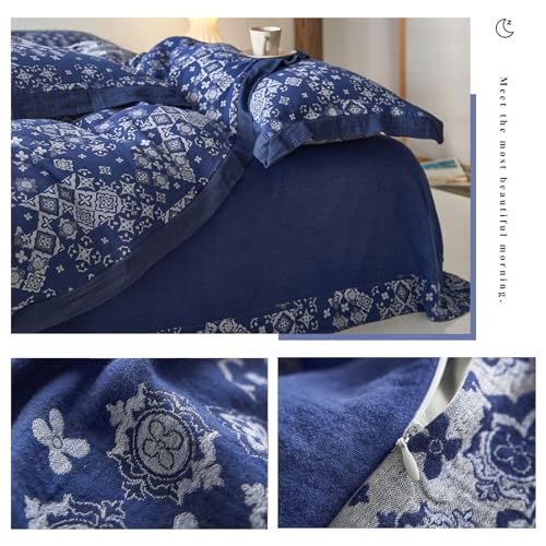 VM VOUGEMARKET Bohemian Duvet Cover Queen Navy Blue White Geometric Duvet Cover Yarn-Dyed Cotton 3 Pieces Jacquard Comforter Cover with Zipper Closure,Navy Blue/White