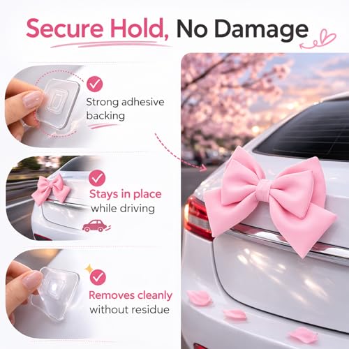 Image of 5PCS Pink Bow Car Accessories Set for Women, Cute Adhesive Pink Bow for Exterior, 2 Seat Belt Cover Pads & 2 Handle Covers, Soft Girly Car Interior Decor Gift for Teens & Girls