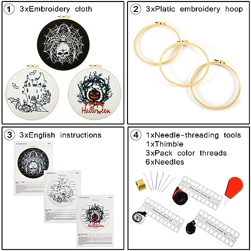 Image of Armindou Halloween Embroidery Starter Kits for Beginners Adults, Stamped Cross Stitch Kit for Adult Beginner, Needlepoint Hand Embroidery Kit with Pattern, 3 Embroidery Hoop, 3 Set Embroidery Supplies