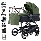 Daliya® NEOMOVE 3in1 Kinderwagen, Buggy & i-Size Babyschale | Alu-Rahmen | Reisekinderwagen & Sportwagen | Großer Einkaufskorb | Stadt & Gelände (Schwarz-Olivgrün)
