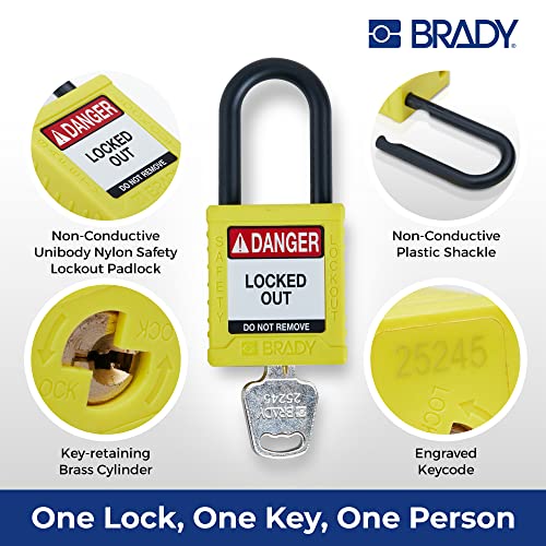 Image of Brady Safety Lockout Padlock Sets - 6 Pack - Yellow - Keyed Alike Safety Lockout Padlocks - 1 Key Per Lock - SDPL-YLW-38PL-KA6