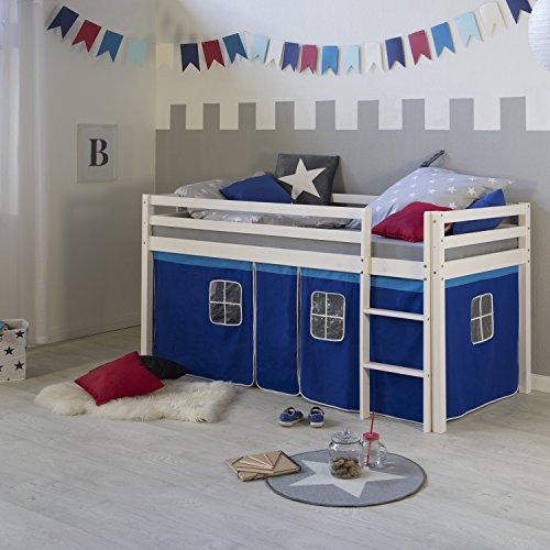 Homestyle4u Kinderbett 90 x 200 Weiß Blau Hochbett mit Treppe Vorhang...