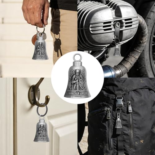 Image of St. Michael Motorcycle Bell Guardian Angel Gremlin Biker Bells for Luck with Motorcycle Bell Hanger, 2 Key Chain Ring Accessories, Velvet Pouch