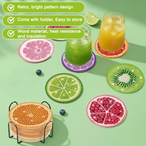 Image of HASTHIP DIY Diamond Painting Coasters Set of 8 with Holder - Fruit Theme Home Decor Coasters for Dining Table,Ideal Gift for Women DIY Diamond Art Crafts Projects Gift Women Handmade