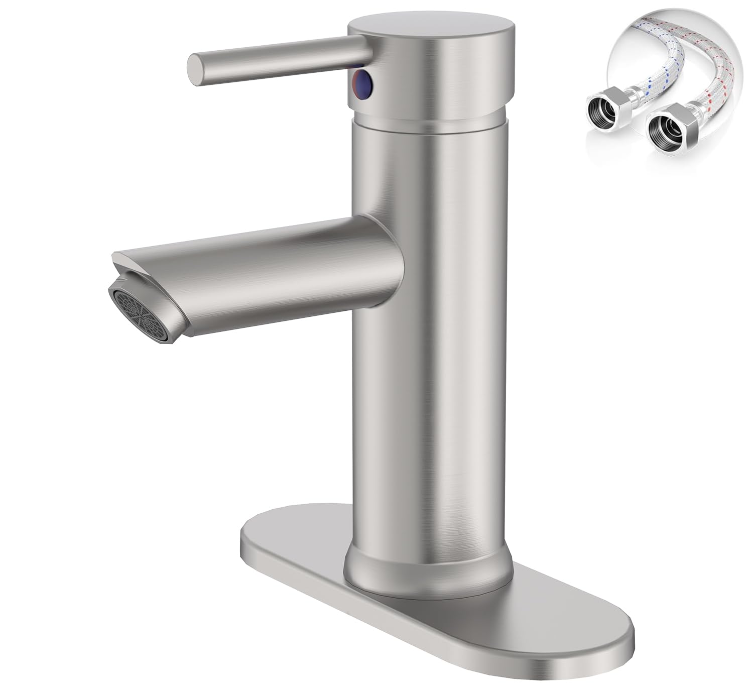 Brushed Nickel Bathroom Faucets, Single Handle One Hole Bathroom Sink Faucet, Water Saving Lavatory Vanity Sink Faucet with Cover Plate Commercial Mixer Tap Supply Line