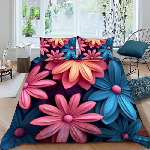 Housse de couette imprimé 3D relief plantes vertes et fleurs roses avec zip