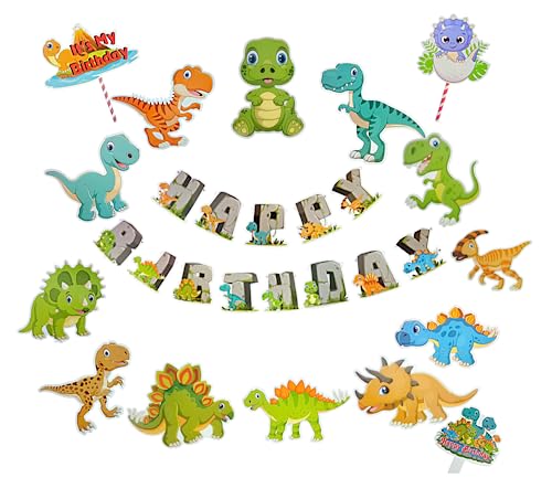 17 pcs Happy Birthday Dinosaur Theme Decoration Set Dino Figure C...
