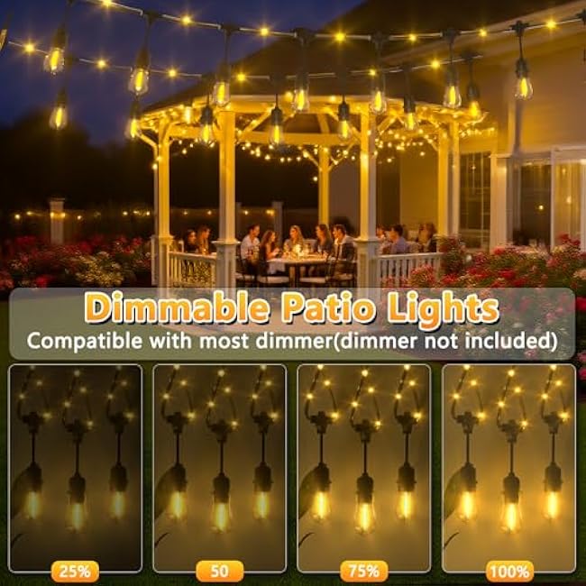 Outdoor String Fairy Lights, 24ft Dimmable Patio Lights with 12+1 S14 Retro Edison Bulbs & 72 Fairy Rope, IP65 Waterproof, LED Outside Hanging Light for Backyard Gazebo Bistro, 10 Strands Connectable