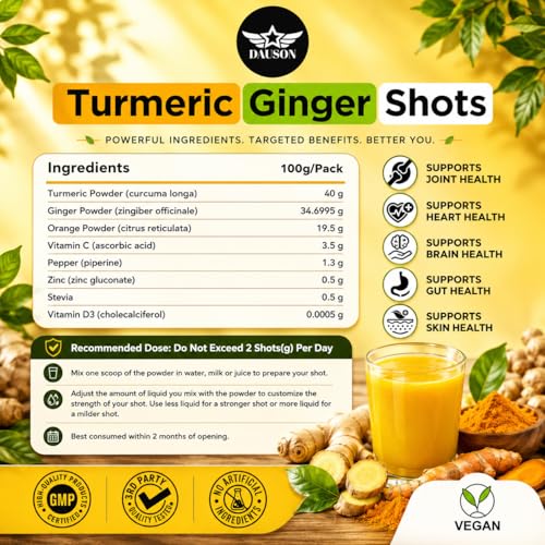 Image of Turmeric Shots for Joint Health, Immune Boost, Gut Health - Boosted with Ginger, Piperine, Zinc, Vitamin D3, Vitamin C - Powder - 100 Servings - Made in USA