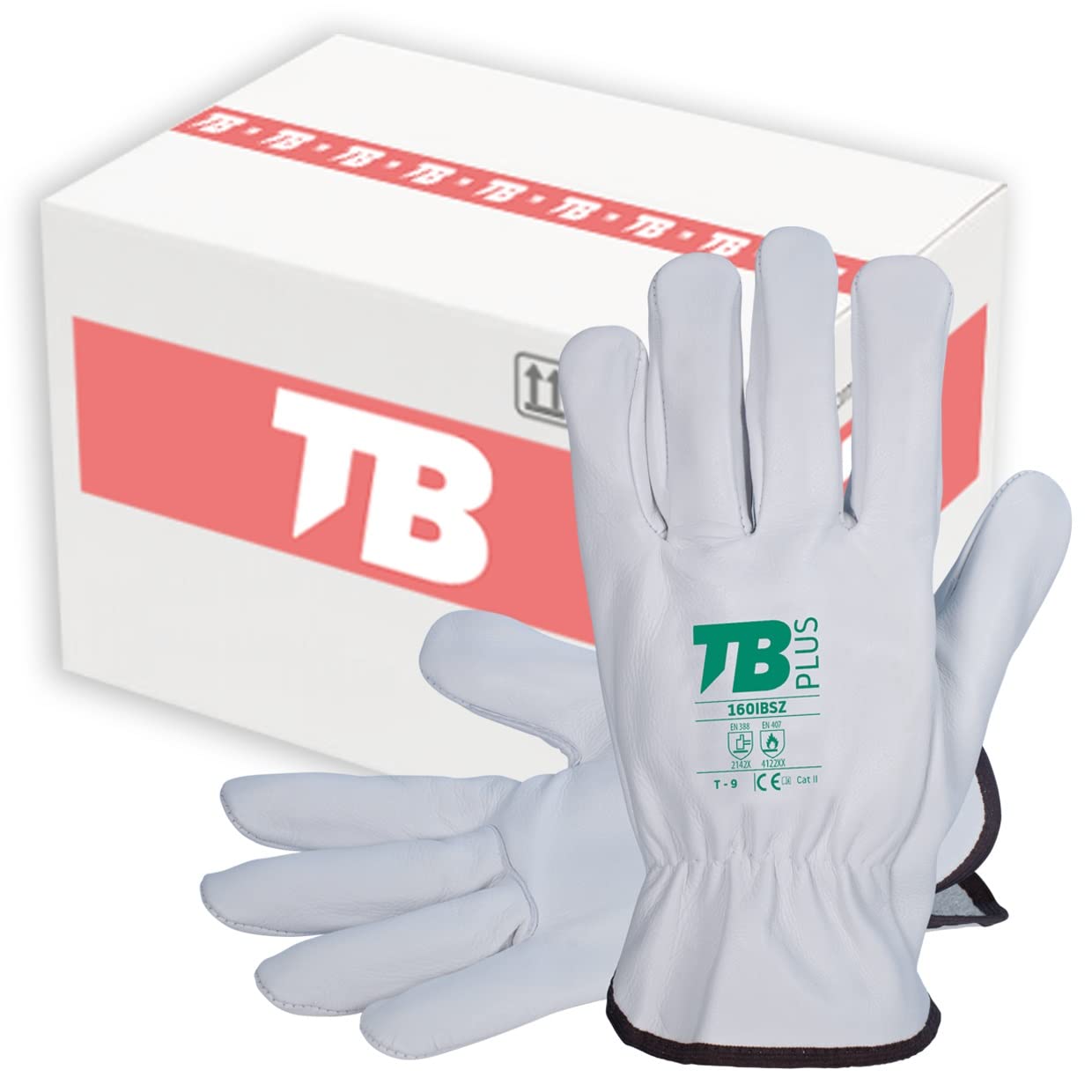 TB Guante de Protección Laboral TB Plus 160IBSZ | Caja 120 Pares | Guante de Seguridad para Trabajos con Riesgos Mecánicos y Térmicos. Fabricado en Piel Flor Vacuno, Color Gris - Caja 120 Pares (9)