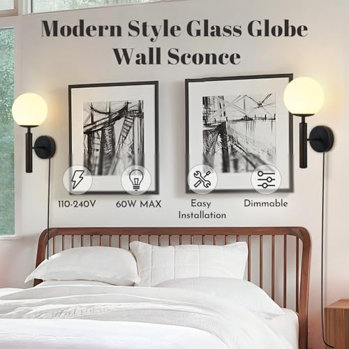 Image of KCO Lighting Plug in Wall Sconce Light Black Vintage Industrial Wall Light White Glass Shade Bedside Wall Lamp for Bedroom Stairs Hallway(Black Plug in)