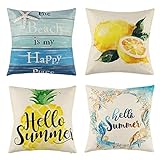 peony man Hello Summer Pillow Covers, Linen Pineapple Lemon Sea Horse Starfish Shell Wreath Beach...