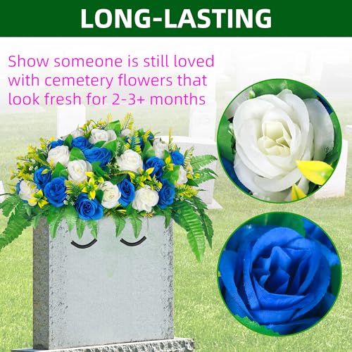 Lodou Artificial Cemetery Flowers, Silk Flower Arrangement,Artificial Rose Bouquet Grave Memorial Flowers with Headstone Saddle for Graveyard Headstones Decoration (1, Blue and Whi image 2