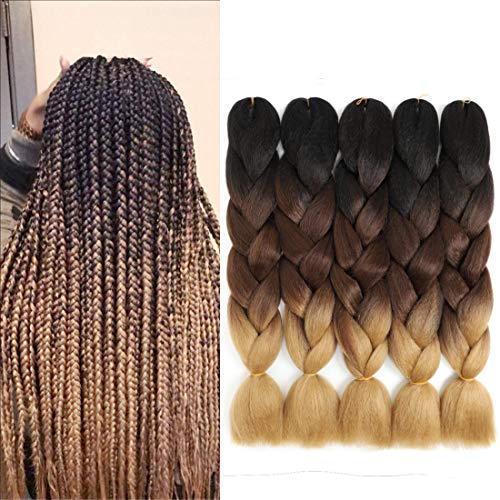 Ombre Jumbo Braiding Hair 24Inch Kanekalon Synthetic Fiber for Twist Braiding Hair 5Pcs/Lot (24 Inch, Black/Dark Brown/Light Brown)