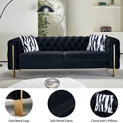 Image of Dolonm Velvet Tufted Sofa for Living Room, 84 inch Mid-Century Modern Couch with 2 Throw Pillows, High Arms & Gold Metal Legs, Luxury Chesterfield Furniture (Black)