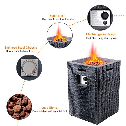 19 Inch Outdoor Propane Fire Pit Table, 40,000 Btu Patio Gas Heater Column With Vertical Texture Surface, Red Lava Rocks, And Waterproof Cover #TOP1