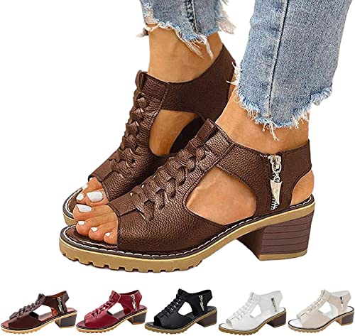 Ujicde Women's Comfy Wedge Orthotic Sandals, Summer Fashion Casual Peep Toe Cutout Zipper Chunky Heeled Sandals Shoes (Color : Brown#1, Size : 39)2