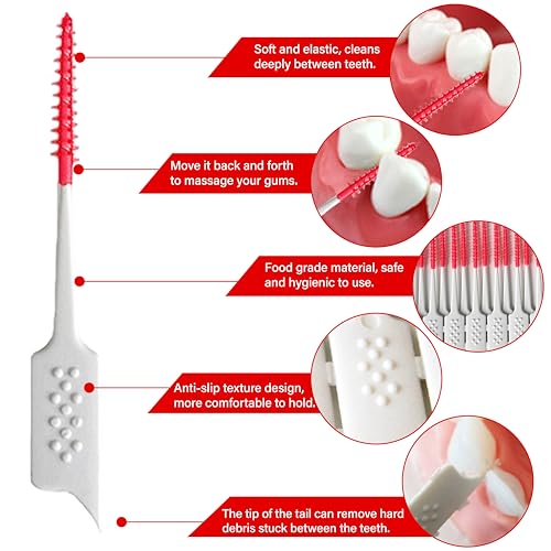 Image of Dental Floss Picks Soft Silicone interdental Brush, Braces Brush, Floss Picks for Teeth, Disposable interdental Brush, Suitable for Cleaning Teeth Health(Red, 160pcs)