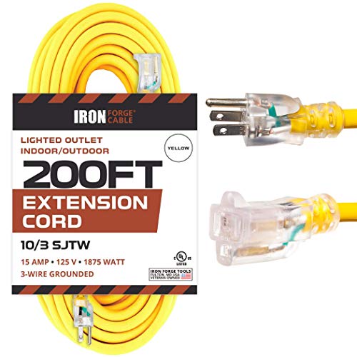 Iron Forge Cable 200 Foot Lighted Outdoor Extension Cord - 10/3 SJTW Yellow 10 Gauge Extension Cable with 3 Prong Grounded Plug for Safety, 15 AMP - Great for Garden and Major Appliances