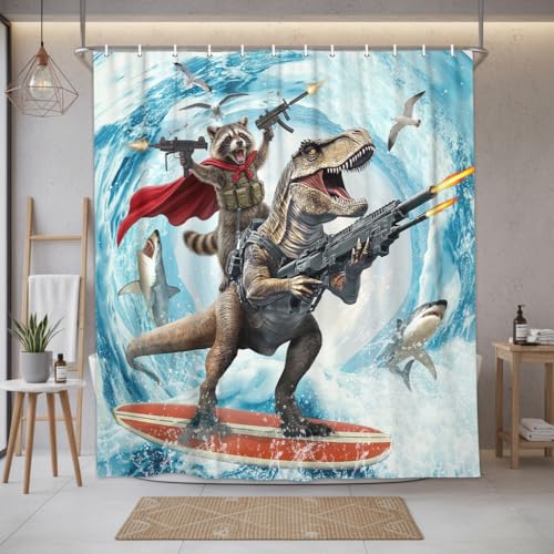 Image of Funny Raccoon Riding Dinosaur Shower Curtain, Cool Animal Surfing Ocean Wave Bathroom Decor Shower Curtain Set with Hooks, Waterproof Fabric Nautical Bath Curtain for Kids, 72X78 Inches