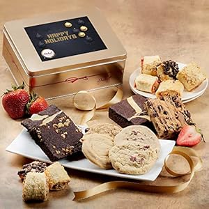 Dulcet Gift Basket Gourmet Brownie and Cookie Snack Signature Gift Basket-Includes a Variety of Pastries in an Elegant Hand Assembled Tin Box, Great for Christmas, Happy Holidays for Friends, Family, Workers, and Colleagues