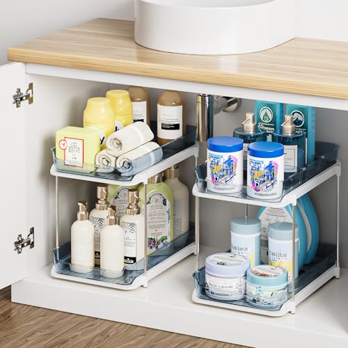 Image of Delamu 2-Tier Multi-Purpose Bathroom Under Sink Organizers and Storage, Stackable Kitchen Pantry Organization, Pull Out Medicine Cabinet Organizer with Movable Dividers, Blue, 2 Pack