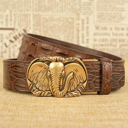 Mens Sliding Ratchet Click Crocodile Pattern Belt With Carved Gold Elephant Head Automatic Buckle Adjustable Waistband2