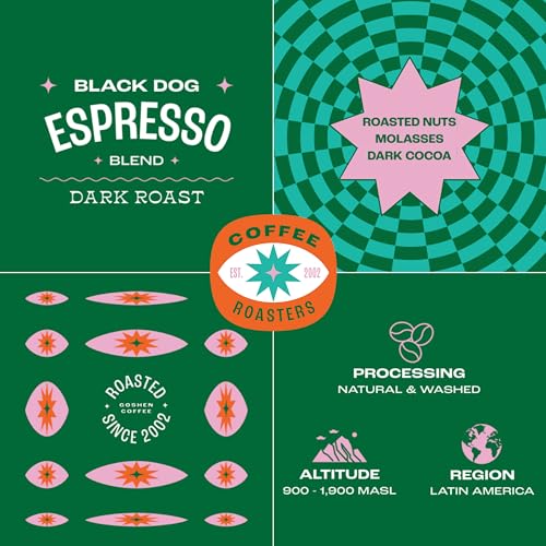 Image of Goshen Coffee Roasters Whole Bean Black Dog Espresso Blend | Dark Roast, Espresso or Brewed | Award-Winning, Natural and Washed | Roasted Nuts, Molasses, Dark Cocoa Flavors | 2 Lb Bag