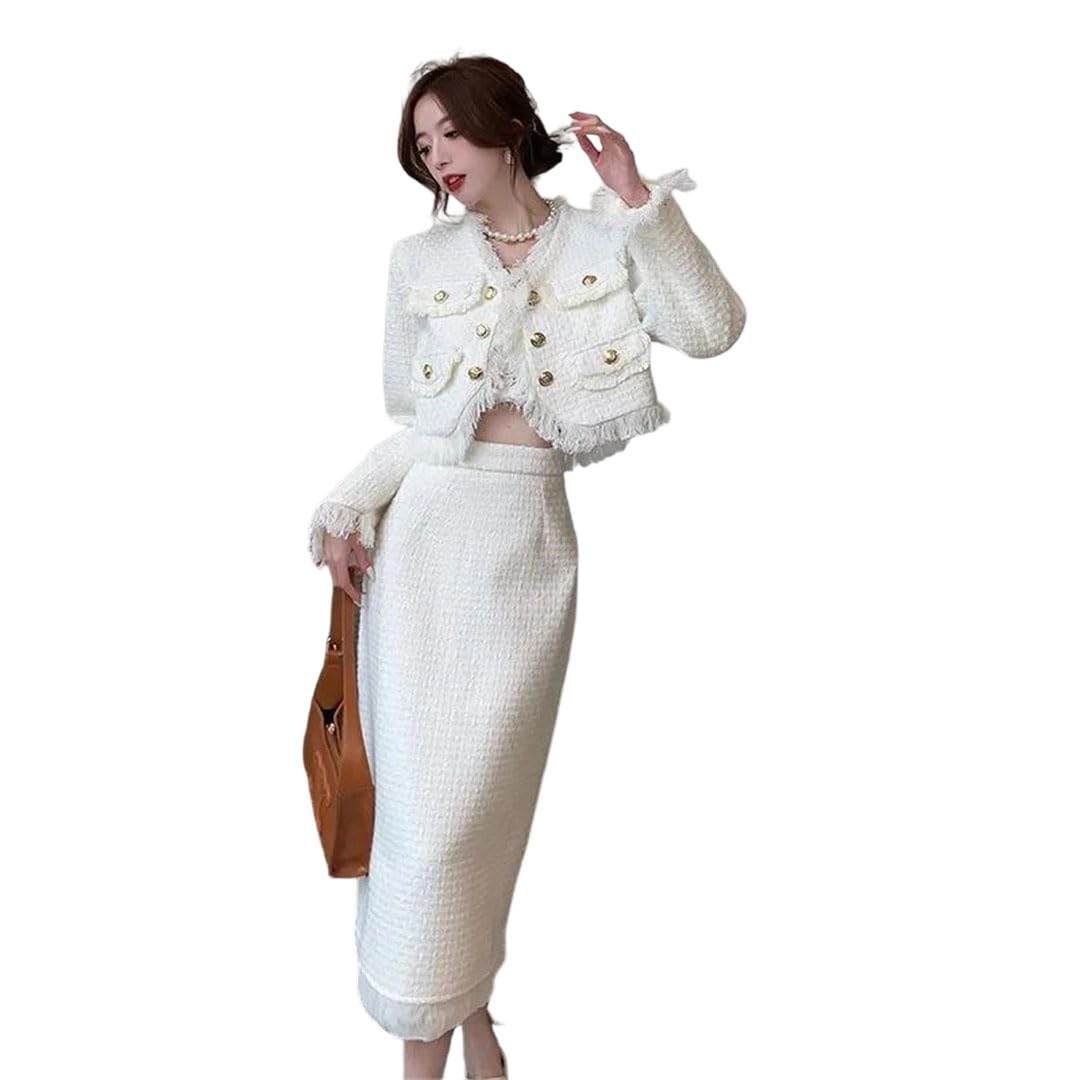 Womens Winter Short Coat Midi Skirt Two Piece Set Elegant Wool Outerwear