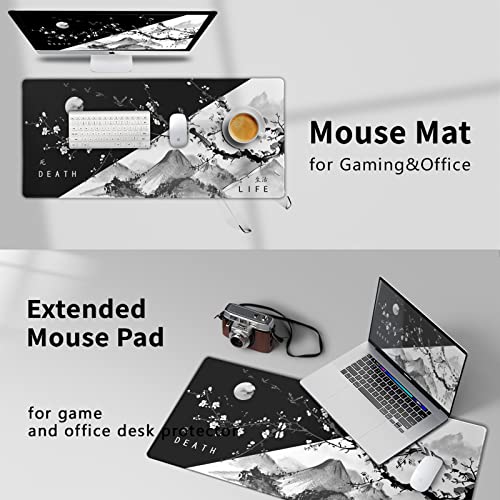 Image of Sweetshow Black White Japanese Cherry Blossom Mouse Pad 35.4 X 15.7 Inch XXL Death Life Design Full Desk Gaming Mousepad Extended Large Non-Slip Rubber Base Keyboard Mat with Stitched Edges