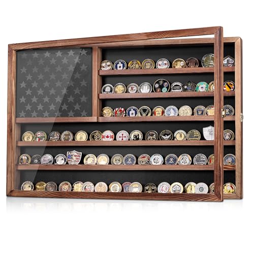 MOCAS Challenge Coin Display Case Lockable Military Coin Holder Cabinet with Removable Star Board & HD Tempered Glass Door (27.6 L x 18.1 W) Solid Wood Wall Mount Coins Collection Rack Stand