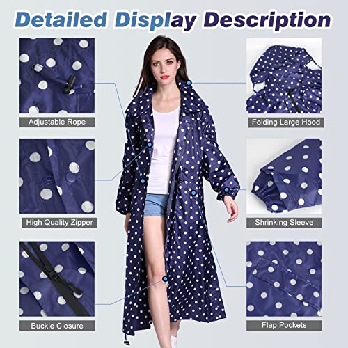 SOPPY Regenmäntel für Damen, langer, wasserdichter Mantel, winddichter Regenmantel, leichter Poncho, schnell trocknend, lange Regenjacke, Kapuzenregenmantel für Damen, Einheitsgröße, Blaue Punkte, L