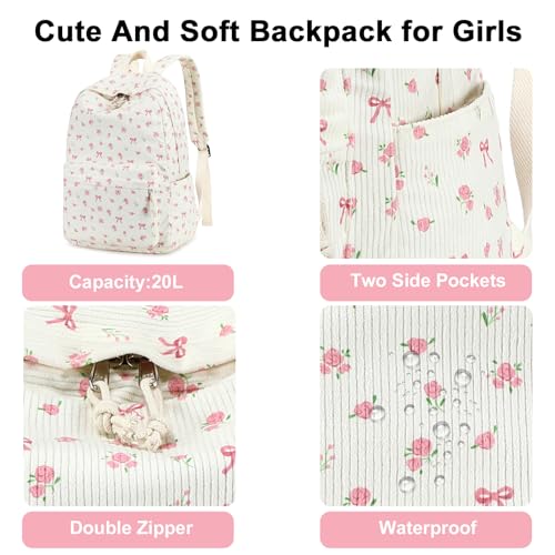 Image of BTOOP School Backpack for Girls Teens Large Corduroy Bookbag Lightweight 15.6 inch Laptop Bag for Women Casual High School College (Pink Bow Floral)
