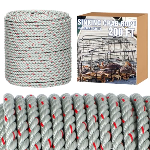 Wesnoy Sinking Line 5/16 Dia-200' Leaded Core Rope for Crab Trap and Shrimp Pot 3 Strands Twist Rope Crab Trap PP Line for Harness Fishing Industry
