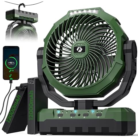 FRIZCOL 3-in-1 Camping Fan - Portable Fan Rechargeable - 24000mAh 9-Inch Battery Powered Fan(140Hrs) - USB Fan with Light & Remote for Indoor, Outdoor, Tent, Travel, BBQ, Fishing, Jobsite - Green Cover