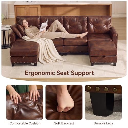 Image of 71 inch Faux Leather Modular Sectional 3 Seater Couch,Brown