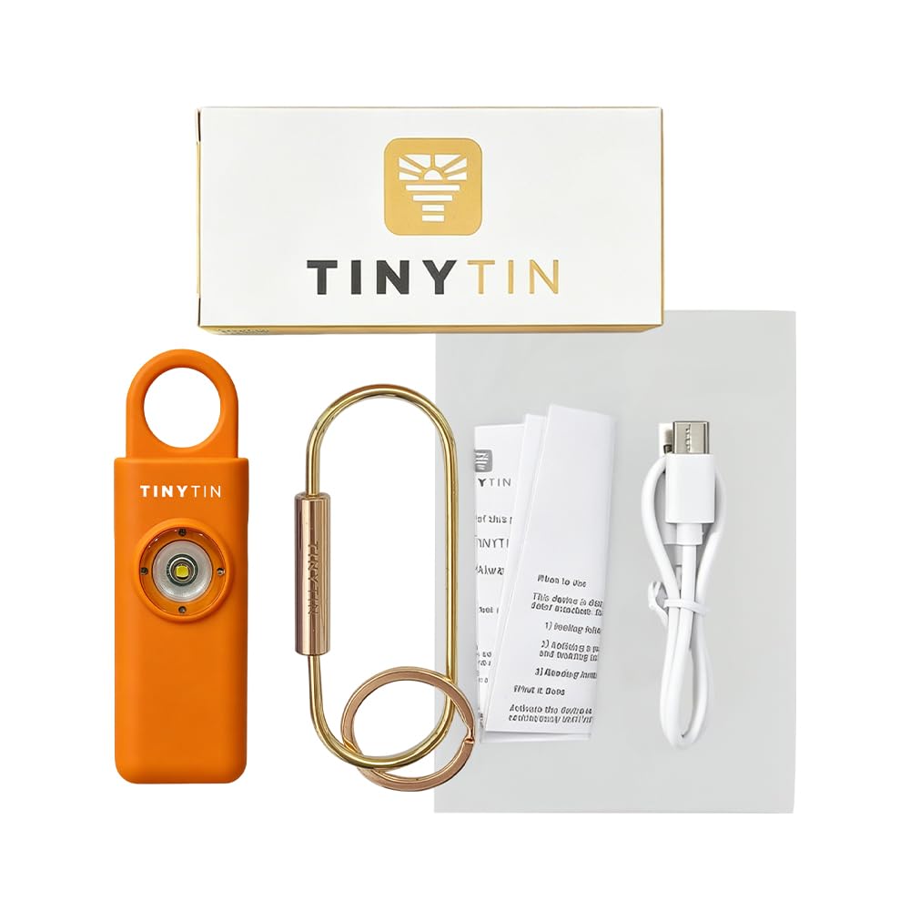 Alarme de Sécurité Personnelle 130dB Rechargeable Porte-clés - TinyTin Alarme de Panique pour Femmes avec Lumière Stroboscopique LED - Alarme d'Autodéfense pour Randonnée, Course et Voyage (Orange