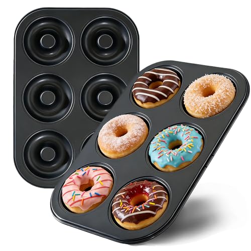 YOVLOSIN 2 Pack Nonstick Donut Baking Pans 6 Cavity Easy Steel Clean Doughnut Oven Safe Heat Resistant Reusable Bakeware for Making Donuts Bagels Homemade Desserts (Black 6 Cup)